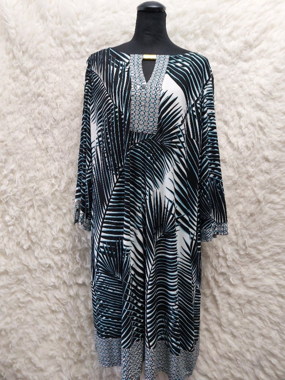 London Times Tropical Palm Print Blouson-Style Tunic Dress Size 22W